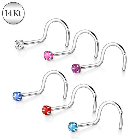 14Kt White Gold Screw Nose Ring with Prong Setting Gem-0