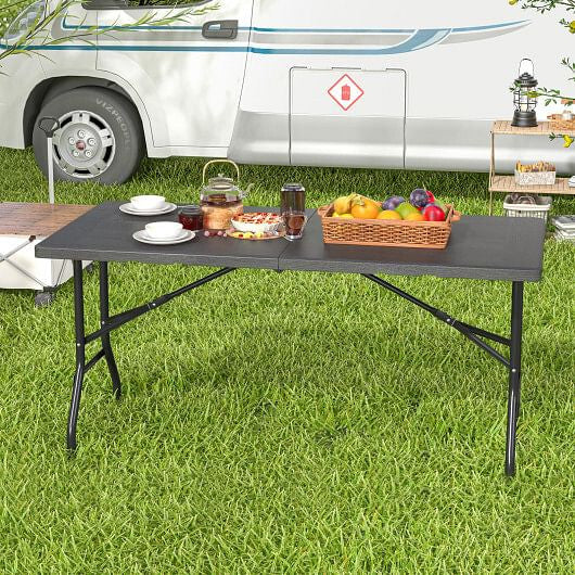 5FT Folding Picnic Table with Wood Grain HDPE Tabletop and  Non-slip Foot Pads-Black-0