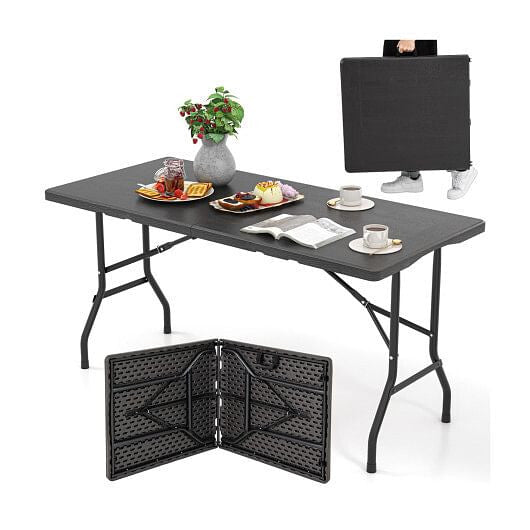5FT Folding Picnic Table with Wood Grain HDPE Tabletop and  Non-slip Foot Pads-Black-2