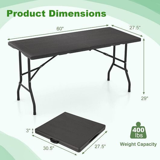 5FT Folding Picnic Table with Wood Grain HDPE Tabletop and  Non-slip Foot Pads-Black-3