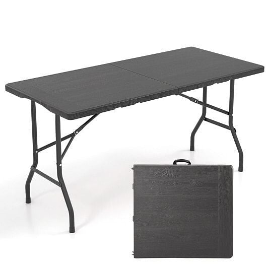 5FT Folding Picnic Table with Wood Grain HDPE Tabletop and  Non-slip Foot Pads-Black-4