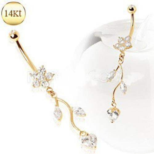 14Kt Yellow Gold Navel Ring with Flower & Vine-2