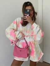 女式系带扎染两件套短裤