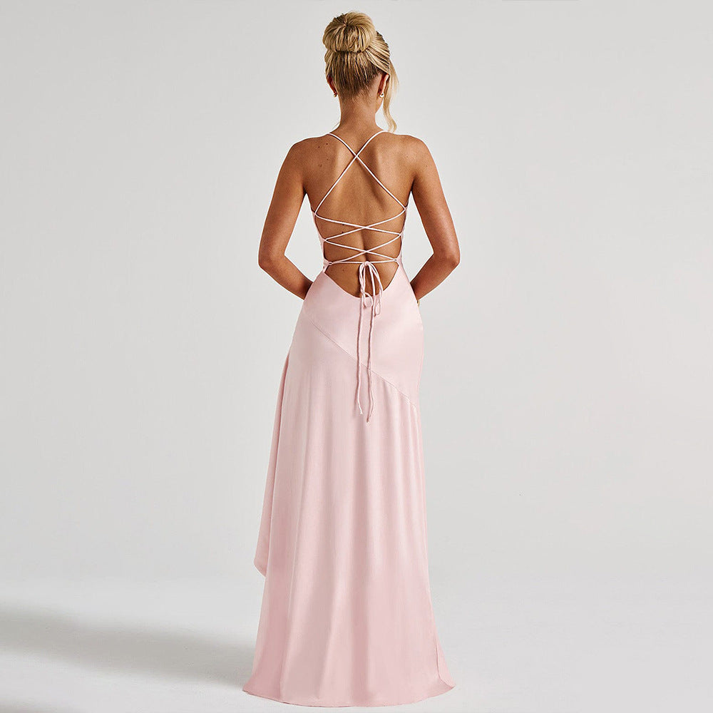 elegant satin long skirt personality suspender ruffle high slit dress club clothing