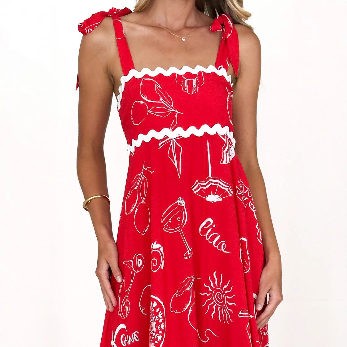 Floral Wave Halter Dress - Spaghetti Strap A-Line Maxi Dress with Tie Details