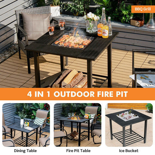 31 Inch Outdoor Fire Pit Dining Table with Cooking BBQ Grate-3