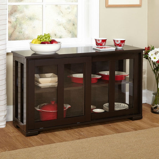 Espresso Sideboard Buffet Dining Kitchen Cabinet with 2 Glass Sliding Doors-1