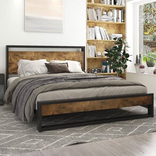 Queen Modern Farmhouse Platform Bed Frame with Wood Panel Headboard Footboard-1
