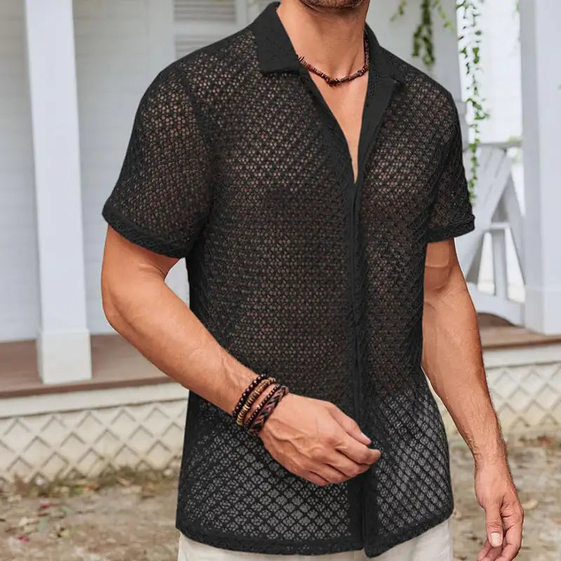 Vintage Style Summer Mesh Short Sleeve Shirt  Men Clothing