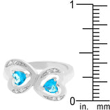Mirrored Hearts Ring Rhodium Plated Cubic Zirconia with blue stones and heart design for elegant style