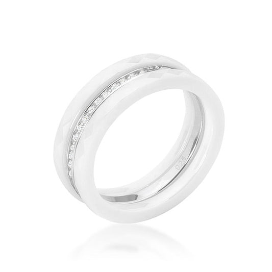 White Ceramic Triplet Ring With Cubic Zirconia-0