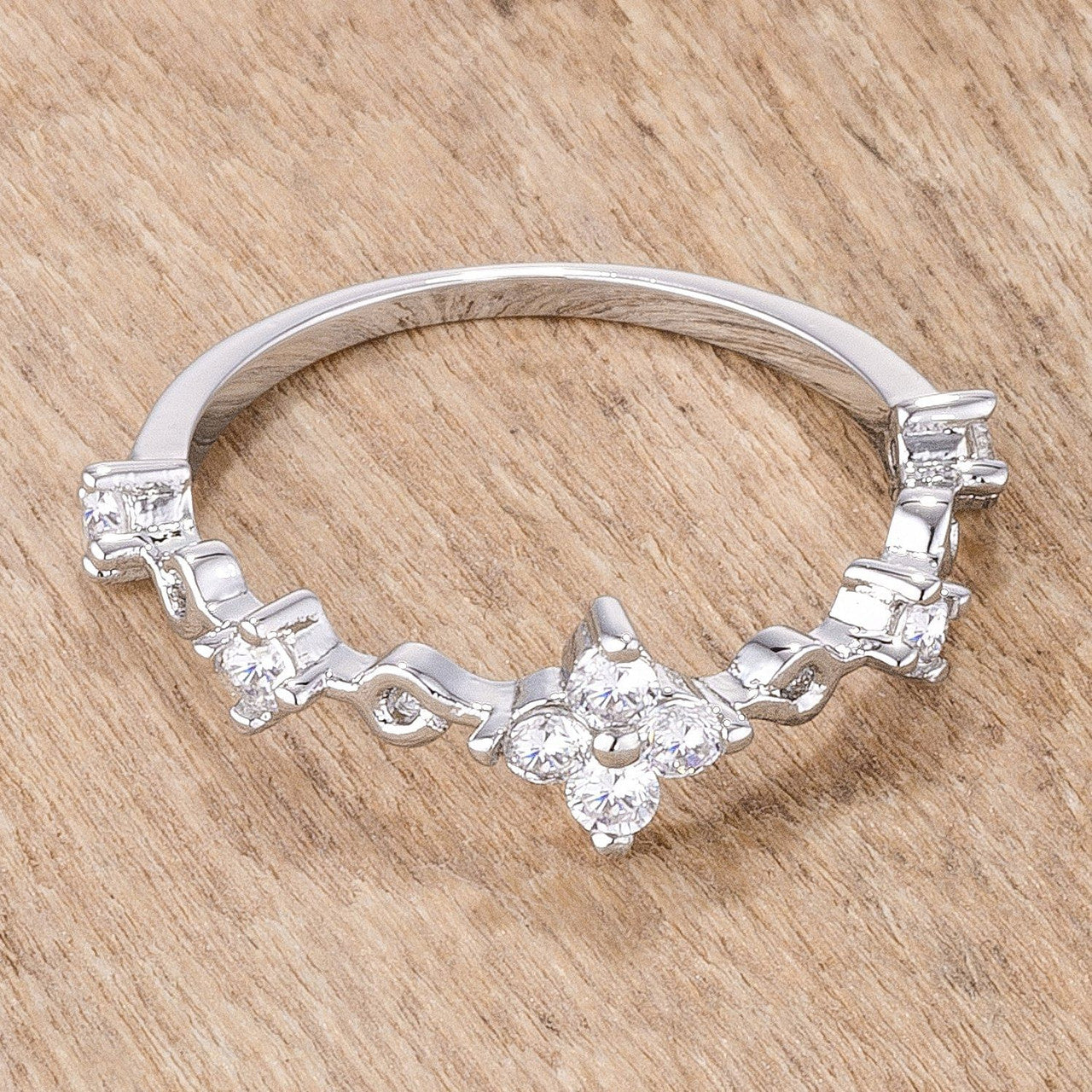 .24Ct Rhodium Plated Clear CZ Mini Floral Half Eternity Stackable Band-0