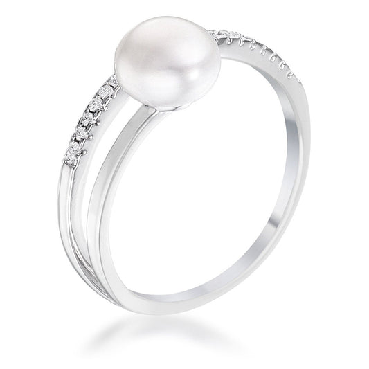 .15Ct Rhodium Plated Freshwater Pearl Ring With CZ Micro Pave Band-0