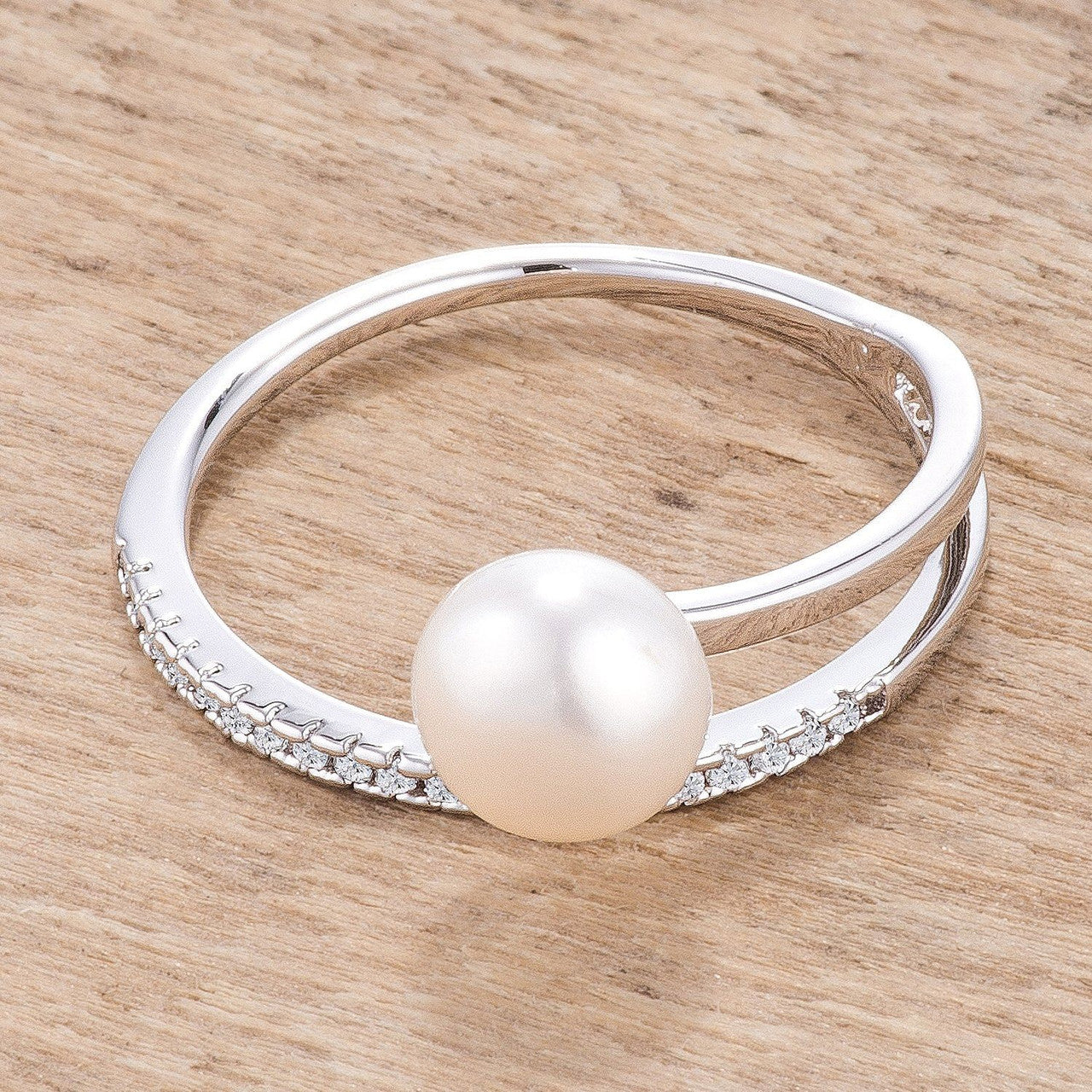 .15Ct Rhodium Plated Freshwater Pearl Ring With CZ Micro Pave Band-1