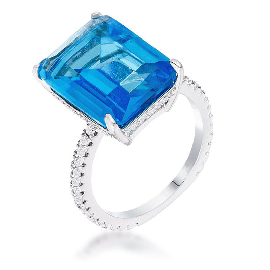 15Ct Rhodium Plated Aqua Blue Emerald Cut Pave Ring-0