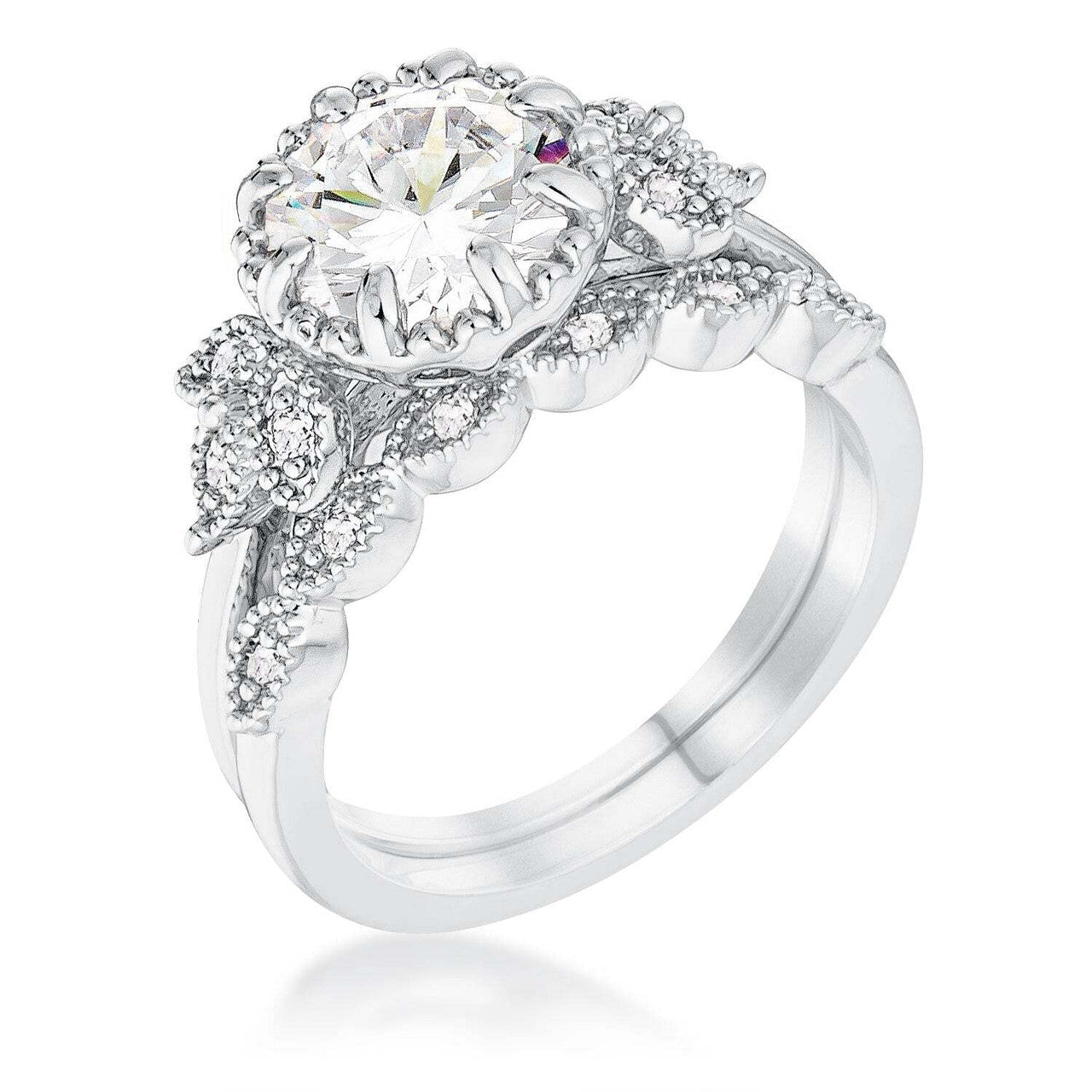 2.25Ct Rhodium Plated Round Cut CZ Trio Laurel Leaf Engagement Set-0