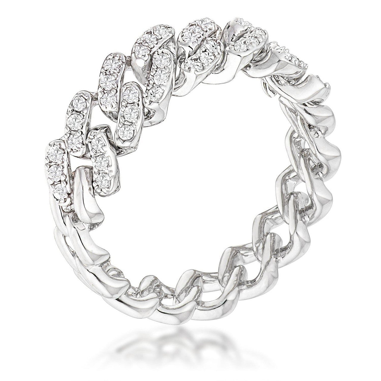 Rhodium Plated Clear CZ Round Cut Flexible Chain Ring-0