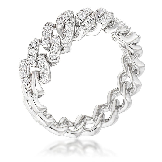 Rhodium Plated Clear CZ Round Cut Flexible Chain Ring-0