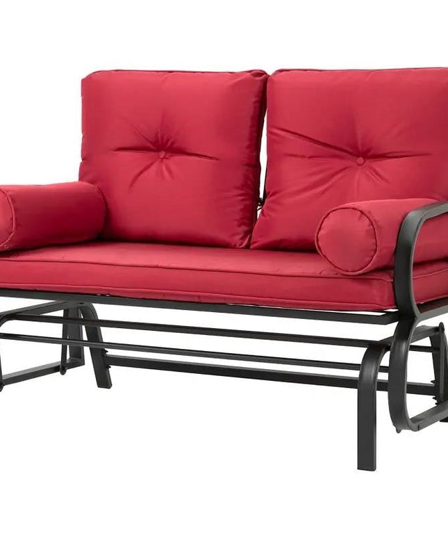 Steel Outdoor Garden Patio Rocking Glider Chair Loveseat with Red Cushions-0