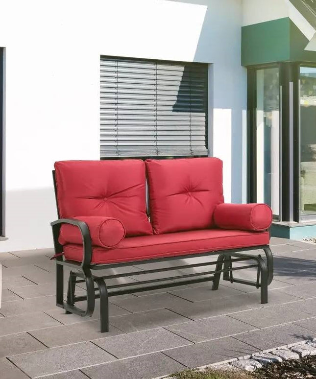 Steel Outdoor Garden Patio Rocking Glider Chair Loveseat with Red Cushions-1