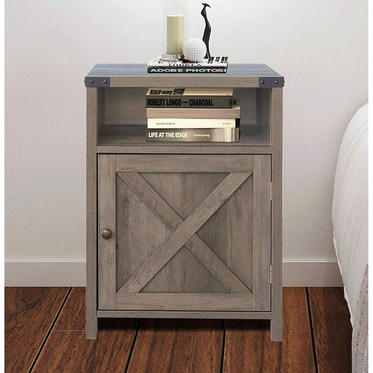 Farmhouse Style End Table Barn Door Nightstand with Open Shelf in Rustic Oak-0