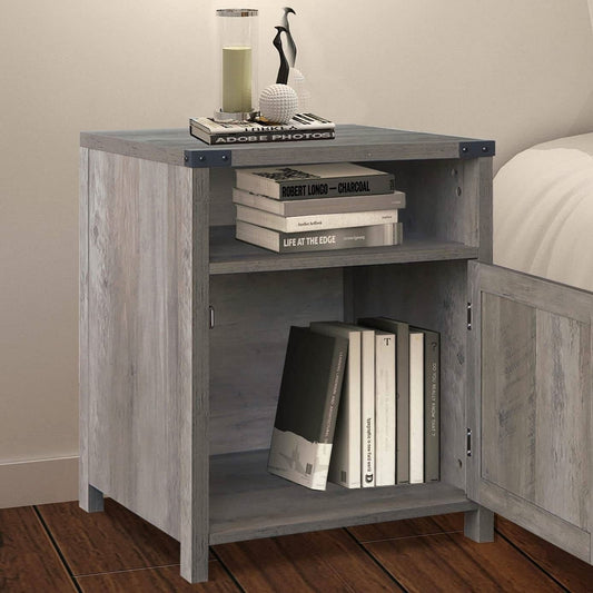 Farmhouse Style End Table Barn Door Nightstand with Open Shelf in Rustic Oak-1