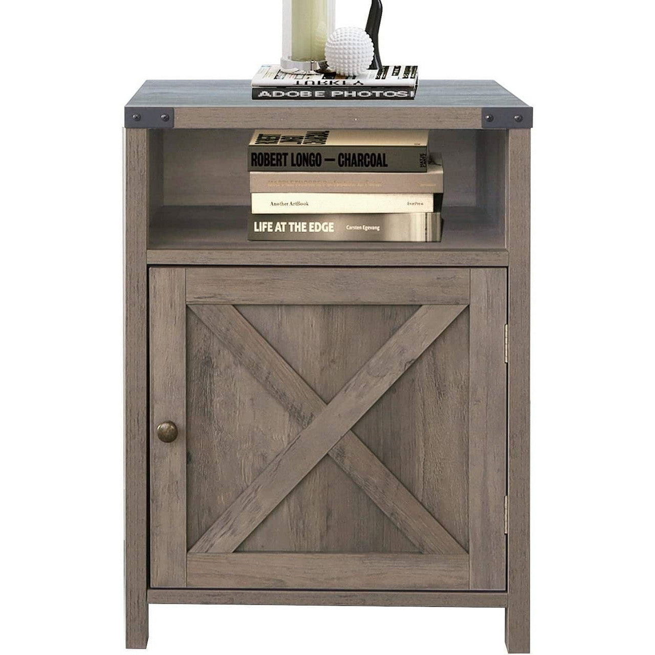 Farmhouse Style End Table Barn Door Nightstand with Open Shelf in Rustic Oak-2