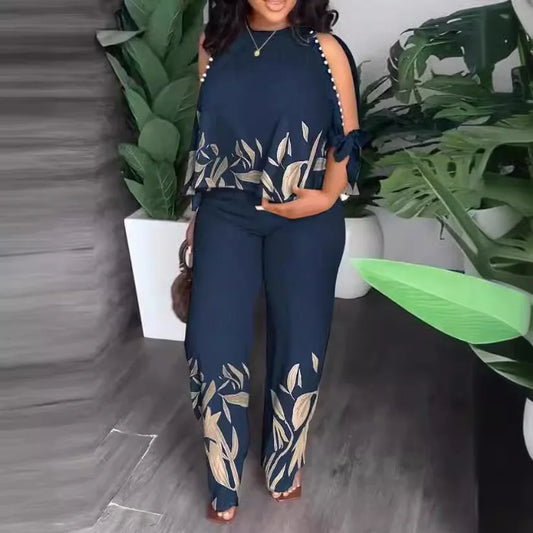 Women's Plus Size Two Piece 70's Inspired Cotton Linen Cold Shoulder Top & Matching Pants