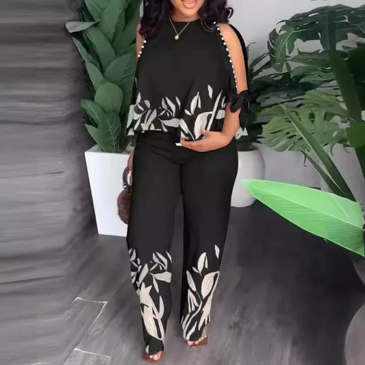 Women's Plus Size Two Piece 70's Inspired Cotton Linen Cold Shoulder Top & Matching Pants