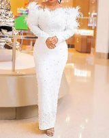 Curve-Contouring Glamour: The Beaded Off-Shoulder Midi Gown -  Bridal / Party Dress