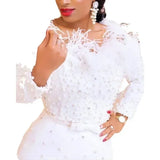 Curve-Contouring Glamour: The Beaded Off-Shoulder Midi Gown -  Bridal / Party Dress