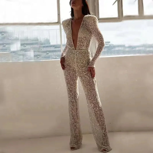 70's Inspired Sexy Long Sleeve Sparkling Lace Jumpsuit