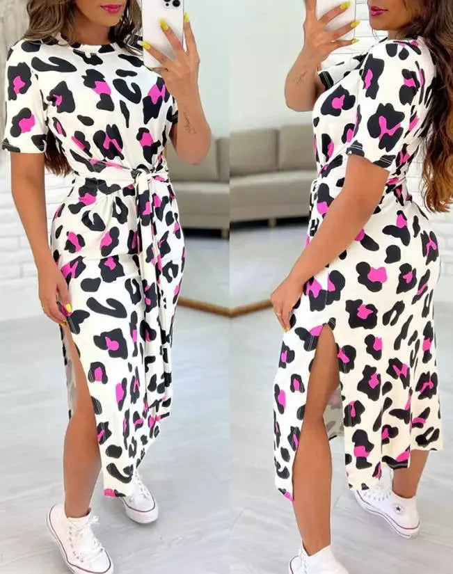 White Leopard Print Dress Tied Detail Slit Side Split Dress