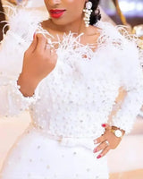 Curve-Contouring Glamour: The Beaded Off-Shoulder Midi Gown -  Bridal / Party Dress
