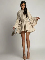 2025 Elegant Pleated Mini Dress - Flared Sleeve Lace-Up Summer Dress | Femstylo