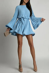 2025 Elegant Pleated Mini Dress - Flared Sleeve Lace-Up Summer Dress | Femstylo