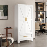 White 2-Door Wardrobe Armoire Cabinet with Storage Drawer and Hanging Rod-0