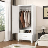 White 2-Door Wardrobe Armoire Cabinet with Storage Drawer and Hanging Rod-1