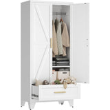 White 2-Door Wardrobe Armoire Cabinet with Storage Drawer and Hanging Rod-2