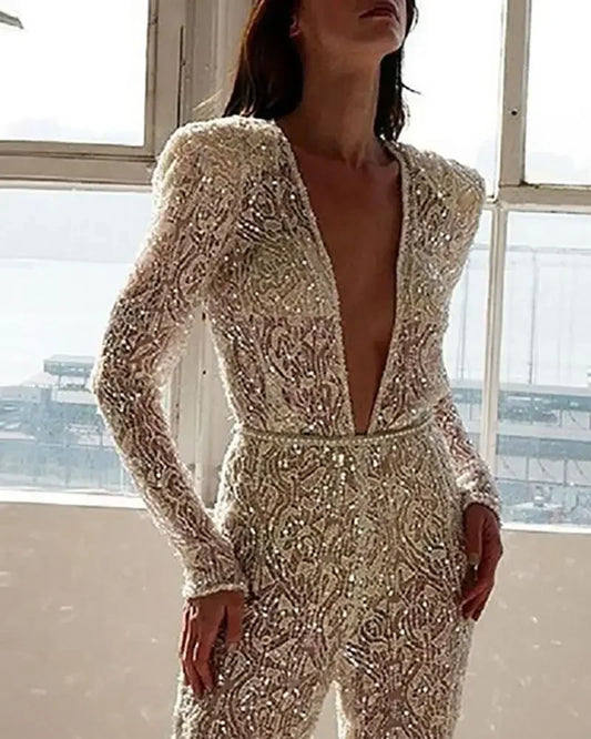 70's Inspired Sexy Long Sleeve Sparkling Lace Jumpsuit