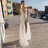 Exquisite A-line Backless Side-Split Bridal Gown Featuring Floral Appliques & Plunging V Neck