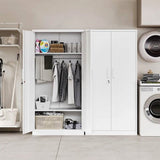 White Metal Locking Wardrobe Armoire Cabinet with Clothing Hanging Rod-0