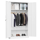 White Metal Locking Wardrobe Armoire Cabinet with Clothing Hanging Rod-1