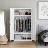 White Metal Locking Wardrobe Armoire Cabinet with Clothing Hanging Rod-2