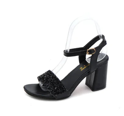 Classic Style Open Toe Chunky Heel Rhinestone Pumps