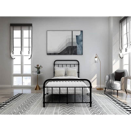 Twin size Farmhouse Black Metal Bed Frame with Rounded Headboard Footboard-0