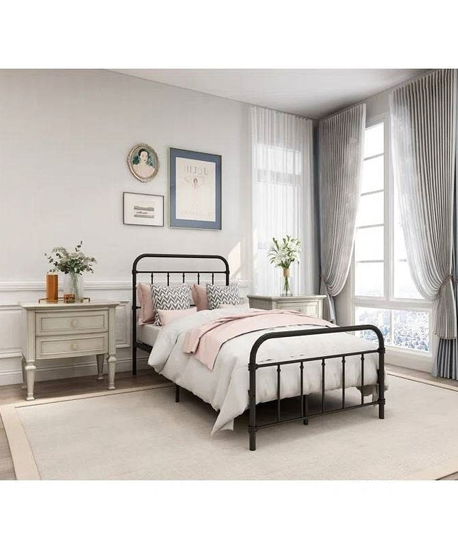 Twin size Farmhouse Black Metal Bed Frame with Rounded Headboard Footboard-1
