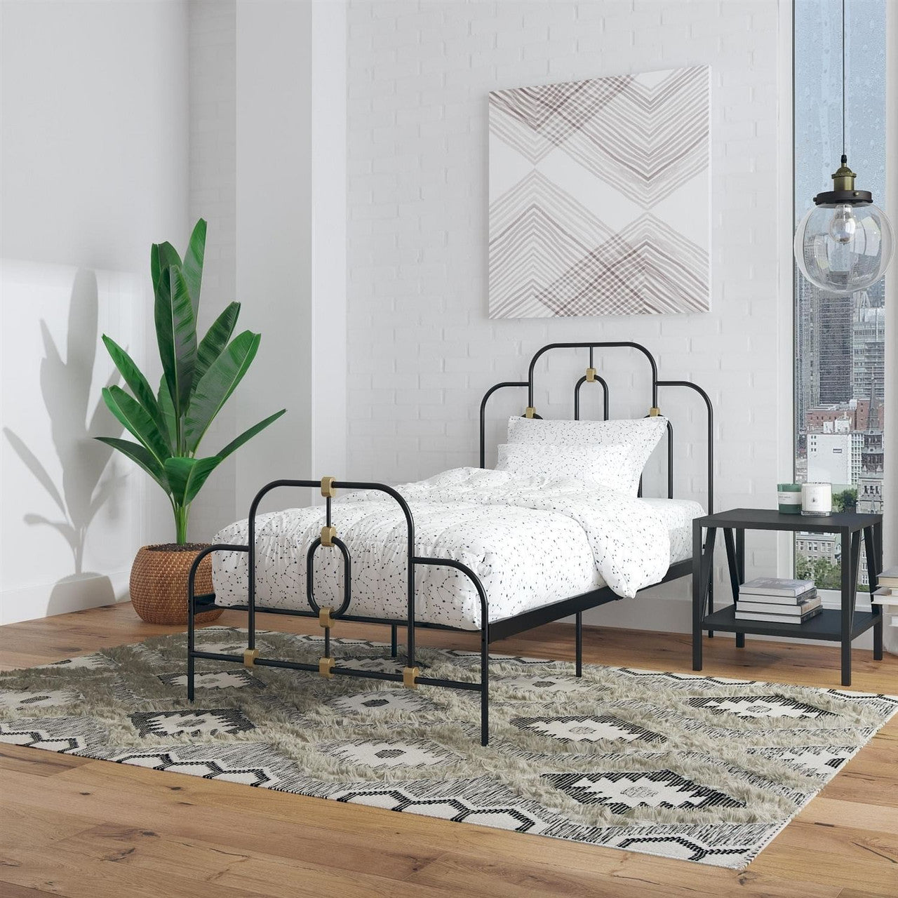 Twin size Farmhouse Adjustable Height Platform Bed in Black Gold Metal Finish-0