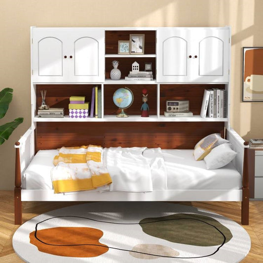 Twin size Vintage White Walnut Daybed with Bookcase Storage Cabinet Headboard-1