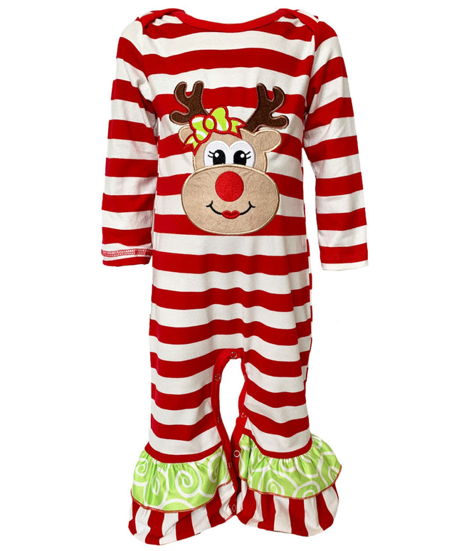 AnnLoren Baby Toddler Girls Boutique Christmas Reindeer Red Striped Romper